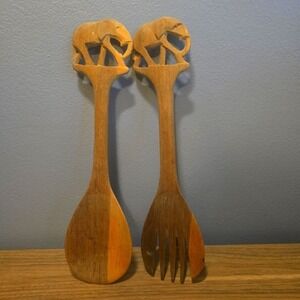 Vintage African Hand Carved Wood Elephant Salad Serving Set 12" Spoon & Fork